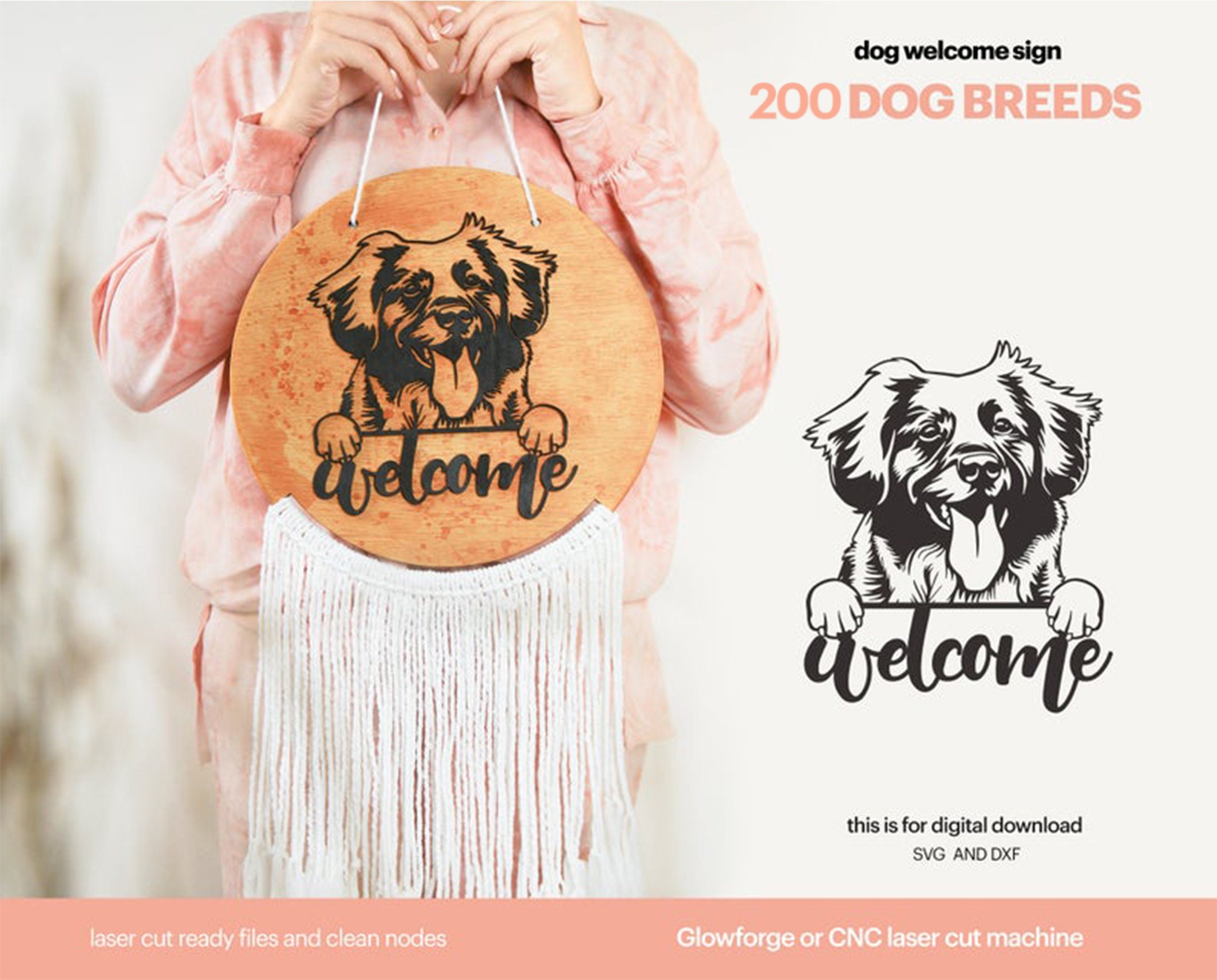 Welkomstbord hond lasergesneden bestand: 200 rassen (SVG, DXF)
