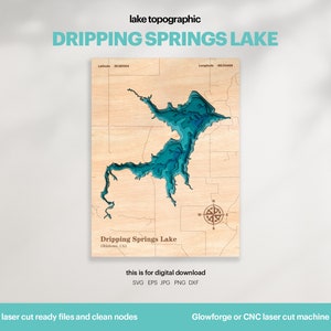 Décoration de maison au bord du lac, carte SVG Dripping Springs Lake, cadeau de décoration murale en bois, topographique, cartes 3D personnalisées, art de la carte bathymétrique, téléchargement numérique