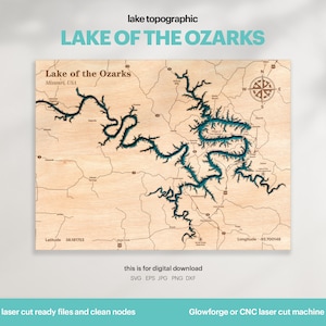 Décoration de maison avec lac, carte du lac des Ozarks SVG, cadeau déco bois, topographique, cartes 3D personnalisées, art de la carte bathymétrique, Xtool, TÉLÉCHARGEMENT NUMÉRIQUE