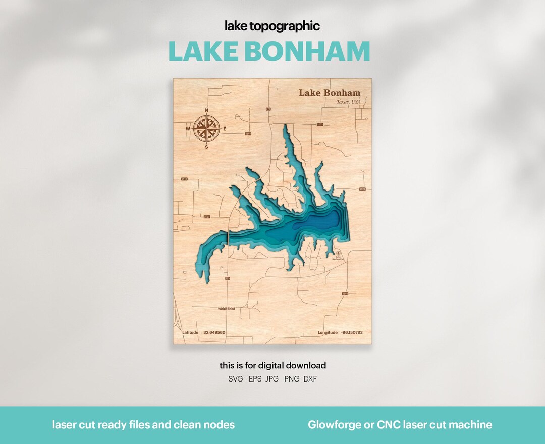 Bonham Lake Map SVG : 3D Topographic Lake House Decor (digital Download ...