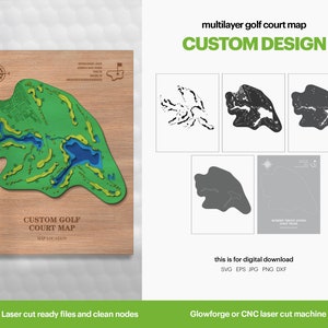 Mappa personalizzata del campo da golf, decorazione da parete per la casa, regalo per golfisti, campo da golf in legno 3D, mappa realizzata a mano, mappa artistica SVG, regalo per golfisti, DOWNLOAD DIGITALE