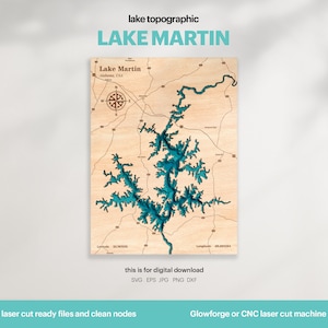 Decorazione per casa sul lago, mappa del lago Martin SVG, regalo di decorazione da parete in legno, topografica, mappe personalizzate 3D, mappa batimetrica artistica, Xtool, DOWNLOAD DIGITALE