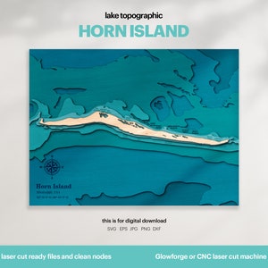 Lake House Decor, Horn Island Karte SVG, Holz Wand Dekor Geschenk, Topographisch, 3D Benutzerdefinierte Karten, Bathymetrische Karte Kunst, Xtool, DIGITAL DOWNLOAD