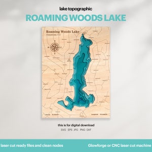May include: A laser cut wooden map of Roaming Woods Lake in Pennsylvania, USA. The lake is shown in shades of blue and the surrounding area is shown in brown. The map is ready for digital download in SVG, EPS, JPG, PNG, and DXF formats. It can be used with a Glowforge or CNC laser cut machine.