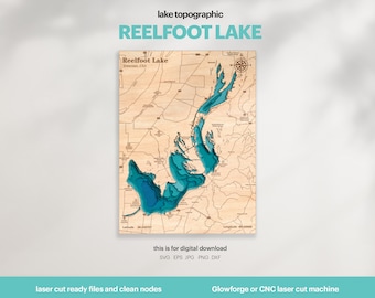 Puede incluir: Un mapa de madera de Reelfoot Lake, Tennessee, cortado con láser. El lago se representa en tonos azules, con las áreas terrestres circundantes en marrón. El mapa incluye una rosa de los vientos y las palabras "Reelfoot Lake" y "Tennessee".