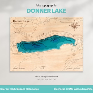 Décoration de maison au bord du lac, carte Donner Lake SVG, cadeau de décoration murale en bois, topographique, cartes personnalisées 3D, art de la carte bathymétrique, Xtool, TÉLÉCHARGEMENT NUMÉRIQUE