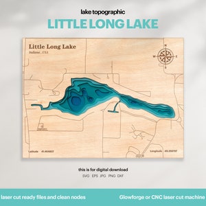 Decoração de casa no lago, mapa SVG do Lago Little Long, decoração de parede de madeira para presente, topográfico, mapas personalizados em 3D, arte de mapa batimétrico, Xtool, DOWNLOAD DIGITAL
