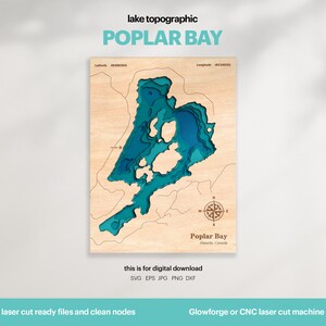 Arredamento Lake House, Mappa di Poplar Bay SVG, Regalo di decorazioni per pareti in legno, Topografiche, Mappe personalizzate 3D, Arte della mappa batimetrica, Xtool, DOWNLOAD DIGITALE