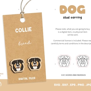 Orecchino a bottone Collie, File tagliato al laser, Orecchini a bottone per cani, Orecchino in legno SVG, Artigianato d'arte in legno, Glowforge, Incisione FIle