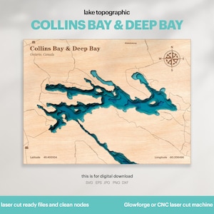Decorazione per casa sul lago, mappa di Collins Bay e Deep Bay in formato SVG, regalo di decorazione da parete in legno, topografica, mappe personalizzate in 3D, Xtool, DOWNLOAD DIGITALE