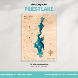 Décoration de maison au bord du lac, prêtre Lake Idaho carte SVG, cadeau de décoration murale en bois, topographique, cartes 3D personnalisées, art de la carte bathymétrique, Xtool, TÉLÉCHARGEMENT NUMÉRIQUE