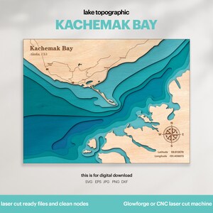 Decorazione per casa sul lago, mappa della baia di Kachemak SVG, regalo di decorazione da parete in legno, topografica, mappe personalizzate 3D, mappa batimetrica, Xtool, DOWNLOAD DIGITALE