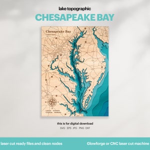 Decorazione per casa sul lago, mappa della baia di Chesapeake in formato SVG, decorazione da parete in legno, regalo, mappe topografiche personalizzate in 3D, mappa batimetrica, Xtool, DOWNLOAD DIGITALE