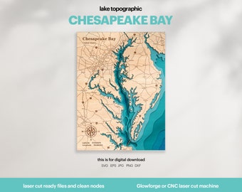 Mapa de la Bahía de Chesapeake en formato SVG: Archivo topográfico 3D para corte láser (descarga digital)