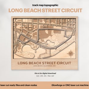 Racebanen kaart topografie, Long Beach kaart SVG, beroemde circuit racecircuit, 3D houten baankaarten, Xtool, digitale DOWNLOAD