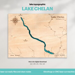 Décoration de maison sur le lac, carte du lac Chelan SVG, cadeau de décoration murale en bois, topographique, cartes personnalisées 3D, art de la carte bathymétrique, Xtool, TÉLÉCHARGEMENT NUMÉRIQUE