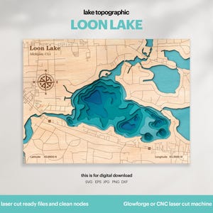 See Haus Dekor, Loon Lake Karte SVG, Holz Wand Dekor Geschenk, Topographisch, 3D Benutzerdefinierte Karten, Bathymetrische Karte Kunst, Xtool, DIGITAL DOWNLOAD