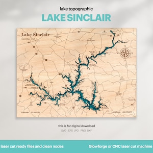 Décoration de maison au bord du lac, carte du lac Sinclair SVG, cadeau de décoration murale en bois, topographique, cartes personnalisées 3D, art de la carte bathymétrique, Xtool, TÉLÉCHARGEMENT NUMÉRIQUE