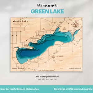 Décoration de maison au bord du lac, carte du pays du lac vert SVG, art de la carte, décoration murale en bois, cadeau personnalisé, topographique, fichier 3D Glowforge, TÉLÉCHARGEMENT NUMÉRIQUE