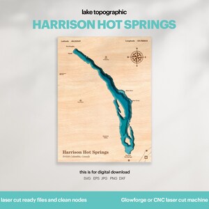 Décoration de maison au bord du lac, carte SVG Harrison Hot Springs, cadeau de décoration murale en bois, topographique, cartes 3D personnalisées, art de la carte bathymétrique, téléchargement numérique