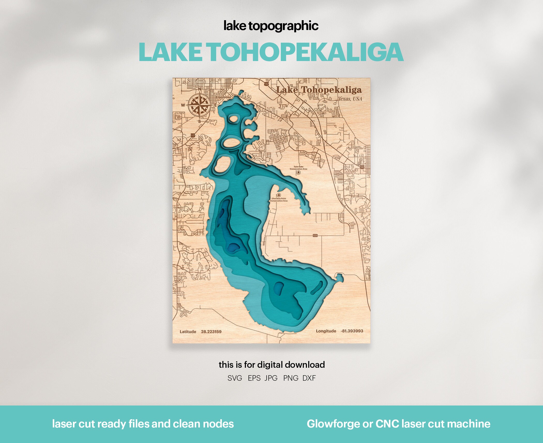Lake House Decor, Tohopekaliga Lake Map SVG, Wood Wall Decor Gift, Topographic, 3D Custom Maps, Bathymetric Map Art, Xtool, DIGITAL DOWNLOAD
