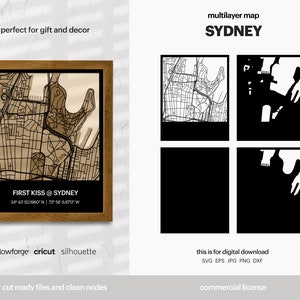 Sydney gelaagde stadsplattegrond, stadskaart kunst aan de muur, multi-gelaagde stratenkaart, kaart wanddecoratie, laser gesneden bestand, Glowforge, SVG-bestand