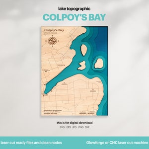 Decorazione per casa sul lago, mappa di Colpoy's Bay SVG, regalo di decorazione da parete in legno, topografica, mappe personalizzate 3D, arte della mappa batimetrica, Xtool, DOWNLOAD DIGITALE