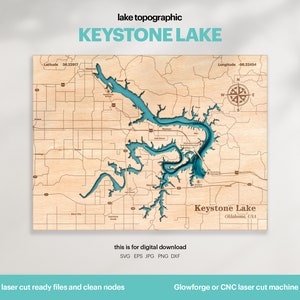 Lake House decor, Keystone Lake kaart SVG, houten muur decor cadeau, topografisch, aangepaste 3D-kaarten, bathymetrische kaartkunst, Xtool, DIGITALE DOWNLOAD