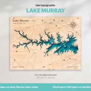 Décoration de maison sur le lac, carte du lac Murray en Caroline du Sud, SVG, cadeau de décoration murale en bois, topographique, cartes en bois 3D, art de la carte bathymétrique, téléchargement numérique