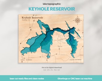 Lake House Decor, Keyhole Reservoir in Wyoming Map SVG, Lake Life, Map Art, Wood Decor Gift, Topographic, Glowforge, Xtool, DIGITAL DOWNLOAD