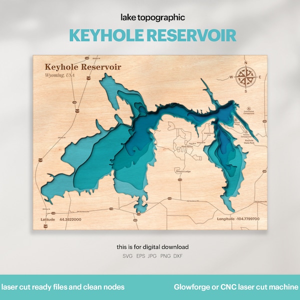 Lake House Decor, Keyhole Reservoir in Wyoming Map SVG, Lake Life, Map Art, Wood Decor Gift, Topographic, Glowforge, Xtool, DIGITAL DOWNLOAD