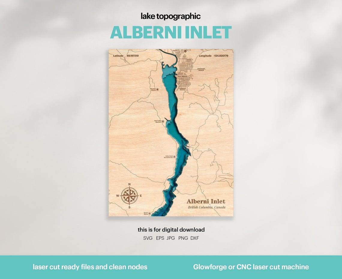 Alberni Inlet Map SVG: 3D Topographic Lake House Decor (digital ...