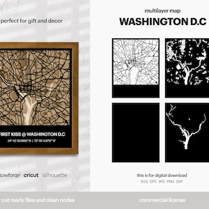 Carte de ville en couches de Washington D.C, Art mural de carte de ville, plan de rue multicouche, décoration murale de carte, fichier découpé au laser, Glowforge, fichier SVG