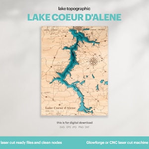 Decoración de la casa del lago, Mapa del lago Coeur d'Alene SVG, Regalo de decoración de pared de madera, Topográfico, Mapas personalizados 3D, Arte de mapas batimétricos, DESCARGA DIGITAL