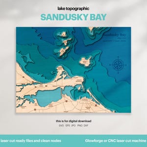 Lake House Decor, Sandusky Bay Map SVG, Wood Wall Decor Gift, Topographic, 3D Custom Maps, Bathymetric Map Art, Xtool, DIGITAL DOWNLOAD