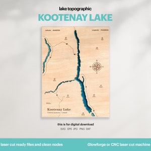 Decorazione per casa sul lago, mappa del lago Kootenay SVG, regalo di decorazione da parete in legno, topografica, mappe personalizzate 3D, arte della mappa batimetrica, Xtool, DOWNLOAD DIGITALE