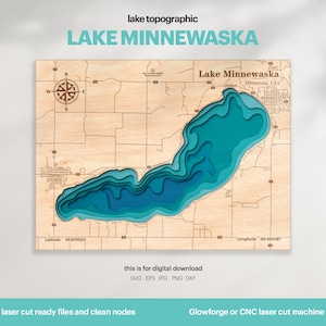Décoration de maison sur le lac, carte du lac Minnewaska SVG, cadeau de décoration murale en bois, topographique, cartes 3D personnalisées, art de la carte bathymétrique, Xtool, TÉLÉCHARGEMENT NUMÉRIQUE