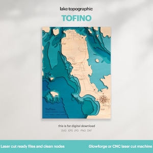 Decorazione per casa sul lago, mappa della baia di Tofino in formato SVG, decorazione da parete in legno, regalo, mappe topografiche personalizzate in 3D, mappe batimetriche artistiche, Xtool, DOWNLOAD DIGITALE