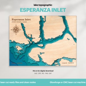 Décoration de maison au bord du lac, carte de la crique d'Esperanza, SVG, cadeau de décoration murale en bois, topographique, cartes personnalisées 3D, art de la carte bathymétrique, Xtool, TÉLÉCHARGEMENT NUMÉRIQUE