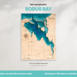 Lake House Decor, Sodus Bay Kaart SVG, Houten Muur Decor Cadeau, Topografisch, 3D Aangepaste kaarten, Bathymetrische Kaart Kunst, Xtool, DIGITALE DOWNLOAD