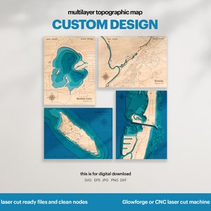 Décoration maison lac, carte topographique personnalisée lac SVG, signe de carte en bois 3D, art multicouche, fichiers découpés au laser, Glowforge, téléchargement numérique