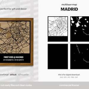 Madrid Gelaagde Stadskaart, Stadskaart Muur Kunst, Multi Layered Stratenplan, Kaart Wanddecoratie, Laser Cut File, Glowforge, SVG File