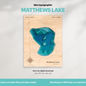 Lake House decor, Matthews Lake kaart SVG, houten muur decor cadeau, topografisch, aangepaste 3D-kaarten, bathymetrische kaartkunst, Xtool, DIGITALE DOWNLOAD