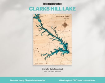 Lake House Decor, Clarks Hill Lake Map SVG, Wood Wall Decor Gift, Topographic, 3D Custom Maps, Bathymetric Map Art, Xtool, DIGITAL DOWNLOAD