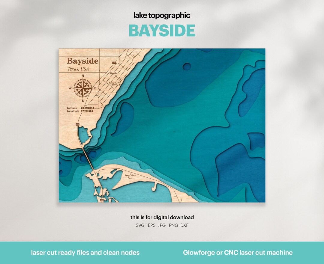 Lake House Decor, Bayside Texas Map SVG, Map Art, Wood Wall Decor Gift, Topographic, 3D Custom