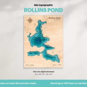 Rollins Pond-karta SVG: 3D-topografisk laserskuren fil (digital nedladdning)