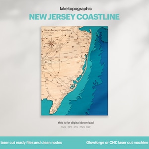 Decorazione della casa sul lago, mappa della costa del New Jersey SVG, vita del lago, mappa artistica, regalo di decorazione della parete in legno, topografica, file 3D Glowforge, DOWNLOAD DIGITALE