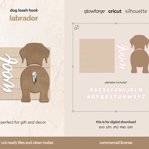 以下が含まれることがあります： 犬のリードフック用のレーザーカットデザインのデジタルダウンロード。デザインは、茶色のラブラドール犬のシルエットと、白い文字で「woof」と書かれています。このデザインは、犬好きの方々に最適で、ユニークでパーソナライズされた犬のリードフックを作成するために使用できます。