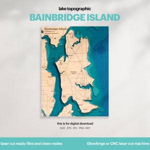 Lake House Decor, Bain Bridge Island Karte SVG, Holz Wand Dekor Geschenk, Topographisch, 3D Benutzerdefinierte Karten, Bathymetrische Karte Kunst, Xtool, DIGITAL DOWNLOAD