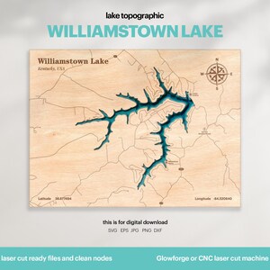 Puede incluir: Mapa topográfico de madera del lago Williamstown en Kentucky, EE. UU., con elementos acuáticos de color azul verdoso. El mapa incluye el contorno del lago, carreteras y una rosa de los vientos. El texto incluye el nombre del lago, coordenadas y "this is for digital download."